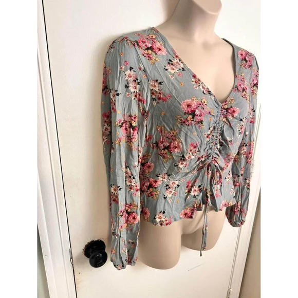 Rewind Floral Gray & Pink Floral Ruched Drawstring Blouse – Size XL #0729 - Picture 2 of 8